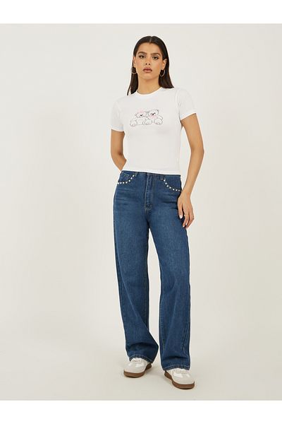Styli Bear Graphic Printed Short Sleeve Fitted T-Shirt with Ribbon Detail
