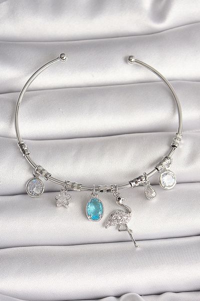 Clariss Brass Silver Color Hanging Zircon Stone Filaminga Figure Charm Women's Bracelet