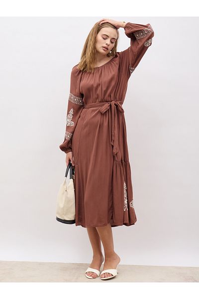 Styli Embroidered Long Sleeves A-Line Midi Dress with Tie Detail