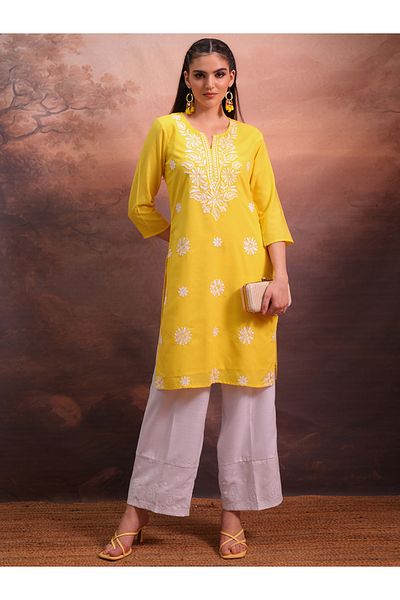 Vishudh By Styli Yellow Floral Embroidered Straight Kurta