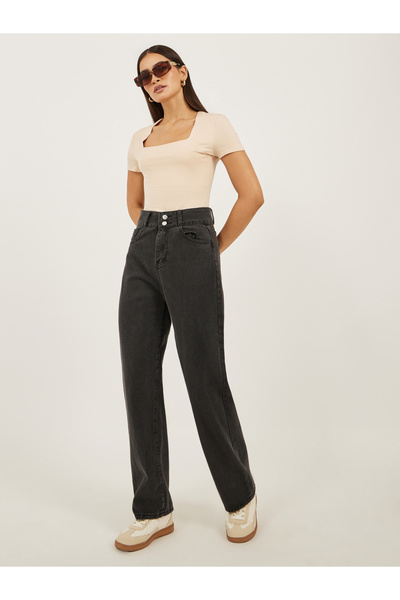 Styli بنطال جينز واسع الساق متوسط الارتفاع