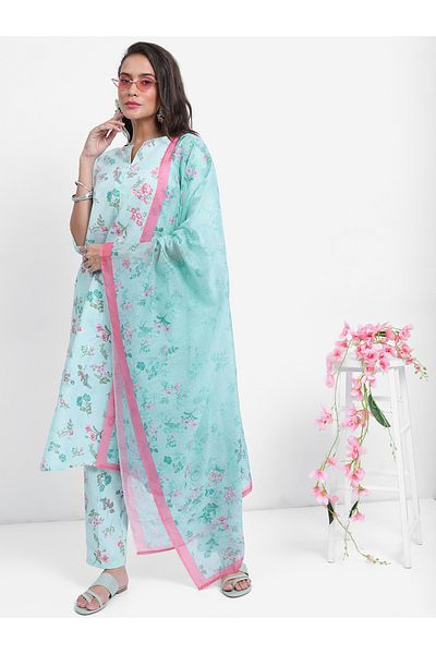 Vishudh By Styli Women Blue Floral Printed Kurta Set with Dupatta
