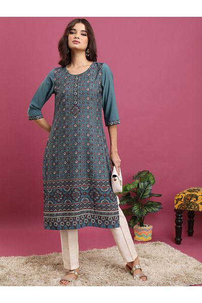 Vishudh By Styli Teal Ethnic Motifs Printed Round Neck Straight Kurta