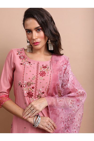 Vishudh By Styli Pink Embroidered Kurta Set with Trouser and Dupatta