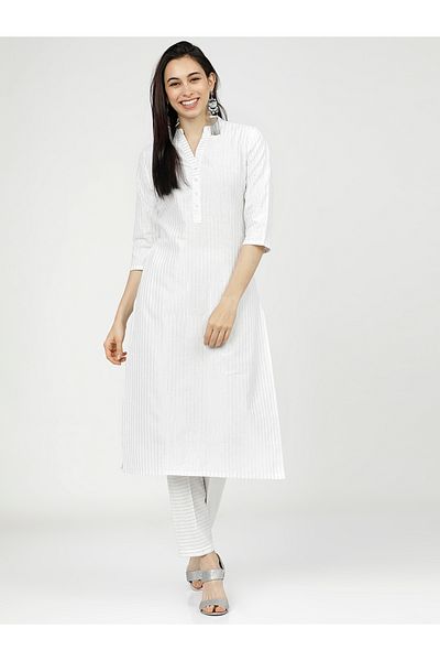 Vishudh By Styli Women White Striped Cotton Kurta with Trousers