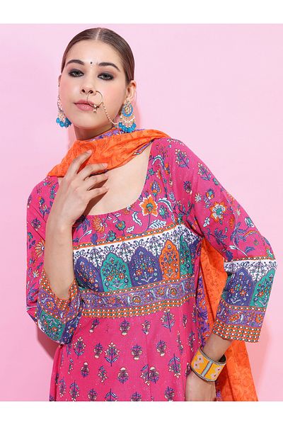 Vishudh By Styli Women Multicolored Printed Cotton Kurta Set with Dupatta