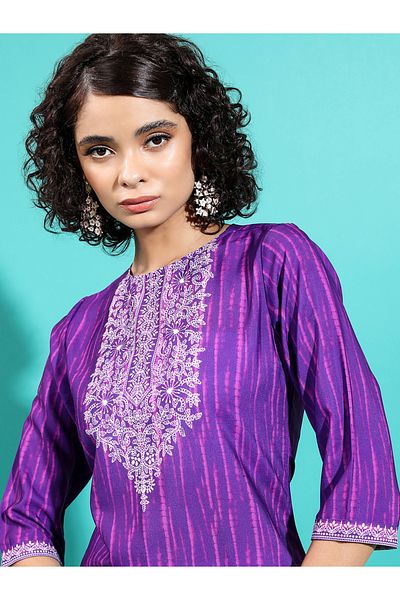 Vishudh By Styli Purple Embroidered Keyhole Neck Thread Work Kurta