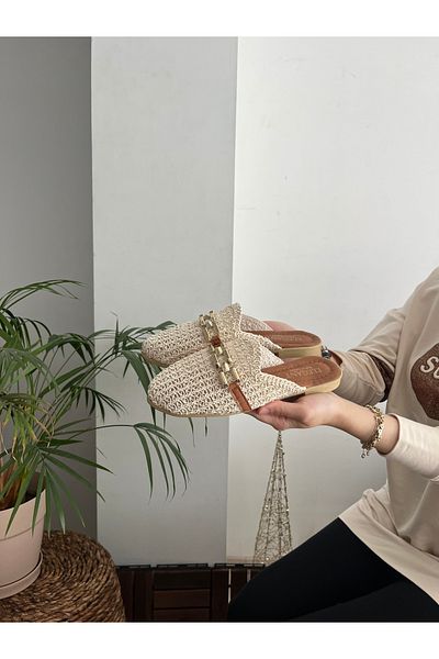 Behtah Kundura Γυναικείες κλειστές ψάθινες παντόφλες Δαντέλα πλεκτή αλυσίδα προίκα casual παντόφλες
