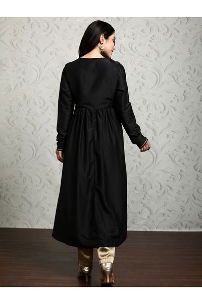 Vishudh By Styli Black Solid Polyester V-Neck Kurta for Festive Occasions