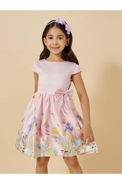 Styli Floral Print Short Sleeve Dress with Bow Detail