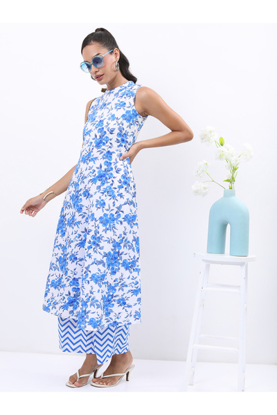 Vishudh By Styli Women Blue Printed Kurta with Palazzo Pants