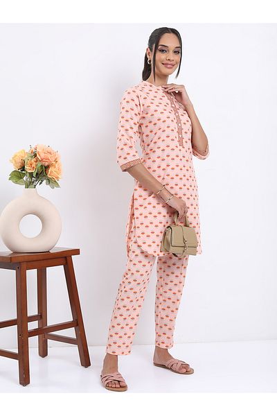 Vishudh By Styli Women Peach Floral Printed Kurta Pant Set