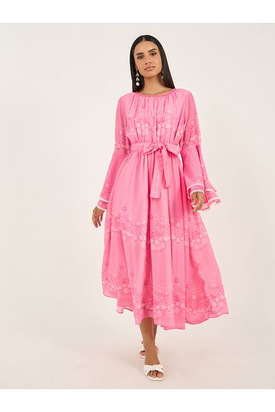 Styli Floral Print Layered Long Sleeves A-Line Maxi Dress