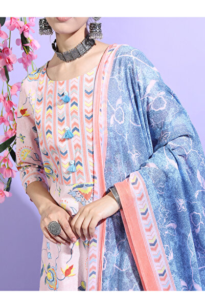 Vishudh By Styli Women Floral Cotton Kurta Set with Blue Dupatta