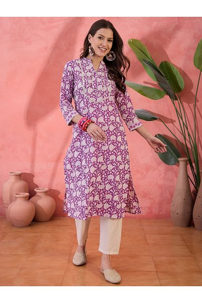 Sanskrutihomes By Styli Lavender Pure Cotton Floral Printed Kurta for Women