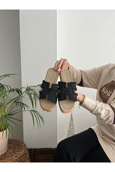 Behtah Kundura Papuci de zi cu zi din paie cu modele tricotate model HRMS pentru femei