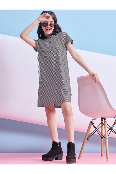 Stylo Bug By Styli Striped Collared Half-Button Placket A-Line Dress