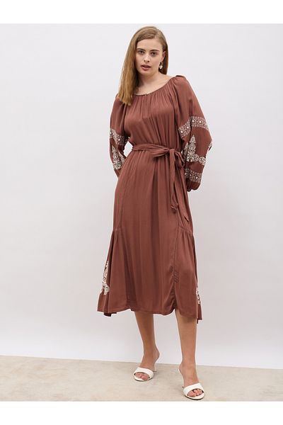 Styli Embroidered Long Sleeves A-Line Midi Dress with Tie Detail