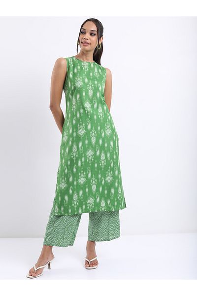 Vishudh By Styli Women Green Printed Kurta with Palazzo Pants