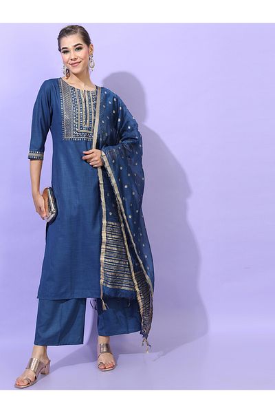 Vishudh By Styli Women Teal Embroidered Kurta Set with Dupatta