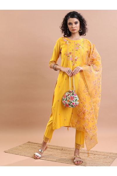 Vishudh By Styli Women Yellow Embroidered Kurta Set with Dupatta
