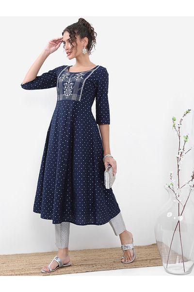 Vishudh By Styli Navy Blue Geometric Printed Thread Work A-Line Kurta