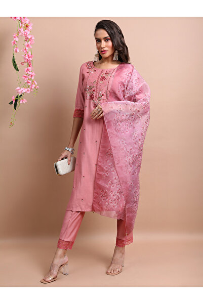Vishudh By Styli Pink Embroidered Kurta Set with Trouser and Dupatta