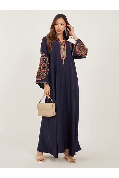 Styli Navy Blue Embroidered Stand Collar Jalabiya