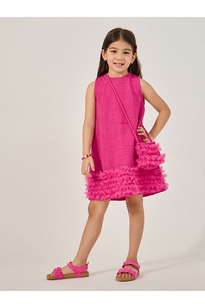 Styli Textured Sleeveless Mesh Hem Dress with Bag