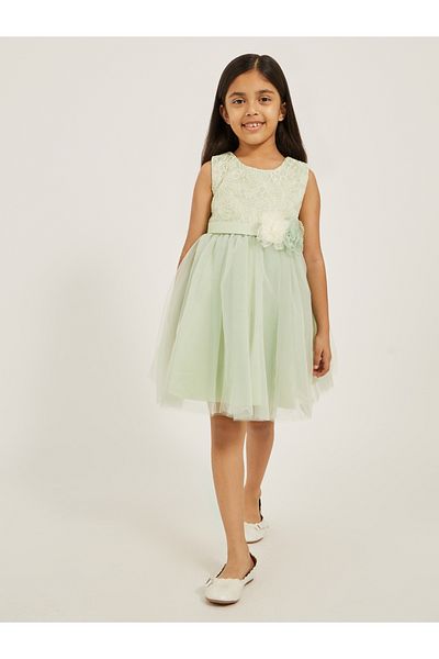 Styli Mesh Insert Flower Corsage Sleeveless Dress