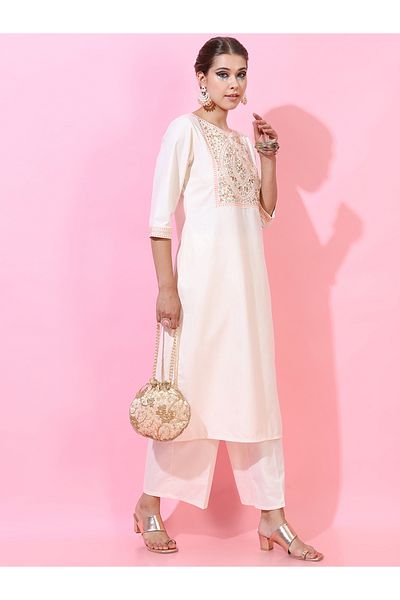Vishudh By Styli Women Cream Embroidered Kurta Set with Dupatta