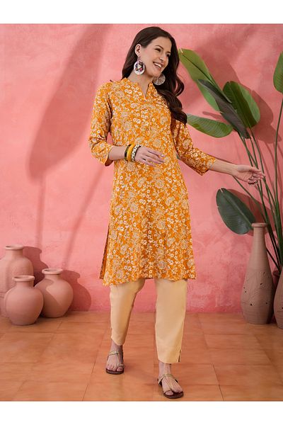 Sanskrutihomes By Styli كورتا نسائية من القطن الخالص مطبوع عليها أزهار باللون الخردلي