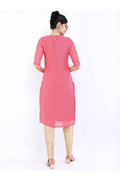 Vishudh By Styli Women Pink & Gold-Toned Floral Printed Straight Kurta