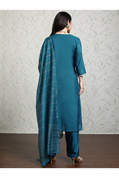 Vishudh By Styli Women Blue Printed Viscose Kurta Set with Dupatta