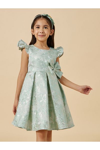 Styli Jacquard Frill Sleeve Bow Detail Dress