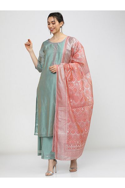 Vishudh By Styli Blue Embroidered Chanderi Kurta Set with Pink Dupatta