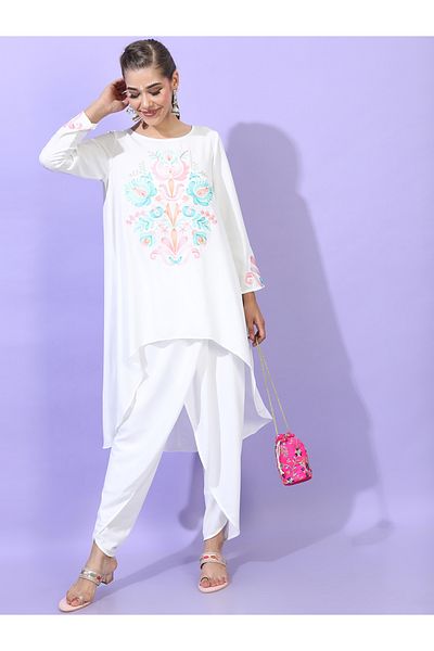 Vishudh By Styli White Embroidered High-Low Kurta with Dhoti Pants