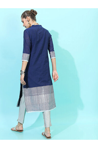 Vishudh By Styli Women Navy Blue & Grey Colourblocked Shawl Neck Kurta