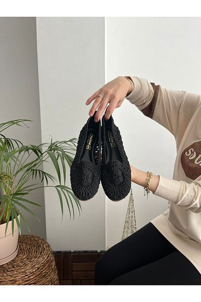 Behtah Kundura Women's Closed Front Straw Ballerinas Lace Knitted Dowry Daily Ballerinas