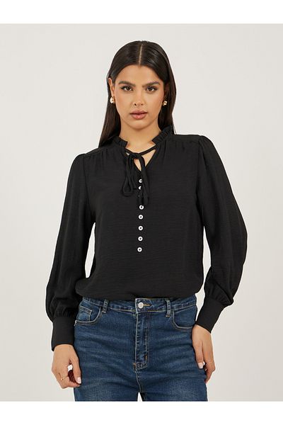 Styli Black Solid Long Sleeve Blouse