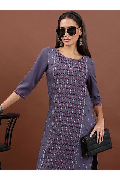 Vishudh By Styli Purple Geometric Printed Round Neck Thread Work Straight Kurta