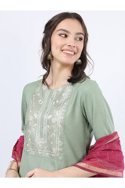 Vishudh By Styli Women Green Printed Kurta Set with Dupatta