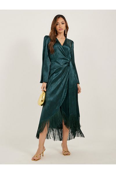 Styli Satin Tassel Detail Long Sleeves Wrap Maxi Dress