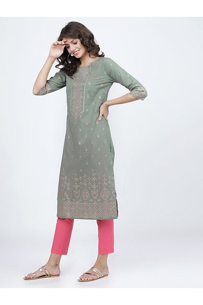 Vishudh By Styli Women Olive Ethnic Motifs Printed Cotton Kurta