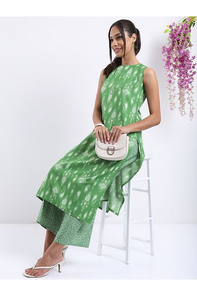Vishudh By Styli Women Green Printed Kurta with Palazzo Pants