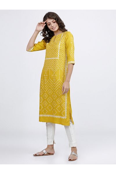 Vishudh By Styli Women Yellow Bandhani Printed Keyhole Neck Kurta