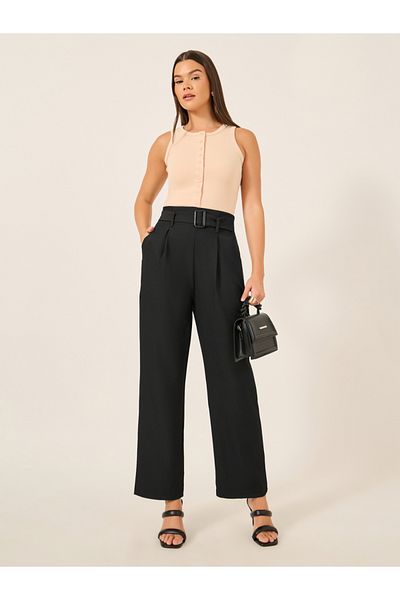 Styli High Rise Tapered Fit Belted Pants