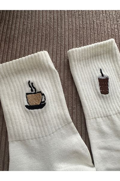 AYDK Minimal Cute Cup Coffee Latte and Cups Embroidered Unisex 2 Pair Socks Set