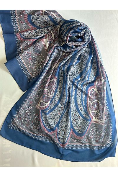ALTUNTAŞ Women's Cotton Blue Retro Etnic Shawl