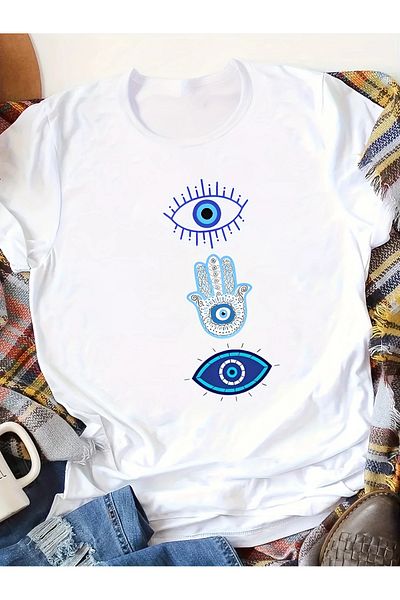 LEIVOR Γυναικείο βαμβακερό μπλουζάκι Blue Evil Eye Eye Printed
